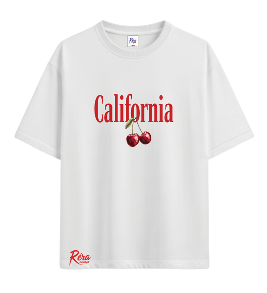White t-shirt with 'California' and cherry design on a white background